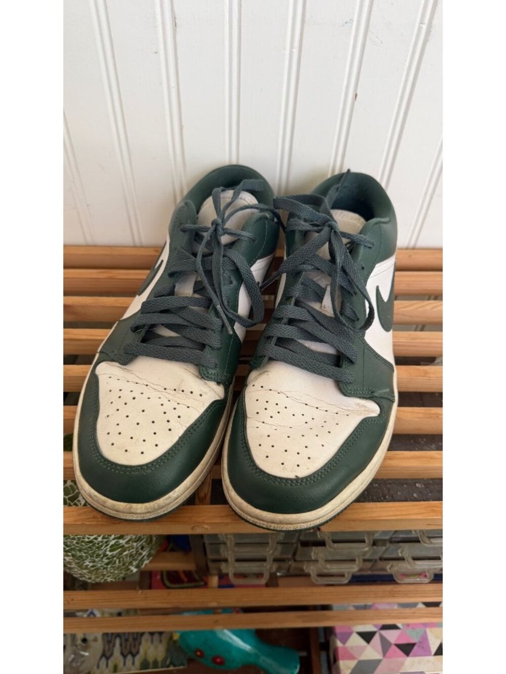 Air Jordan 1 Low Green & White Mens Shoes Size 10 Leather Upper Retro Style